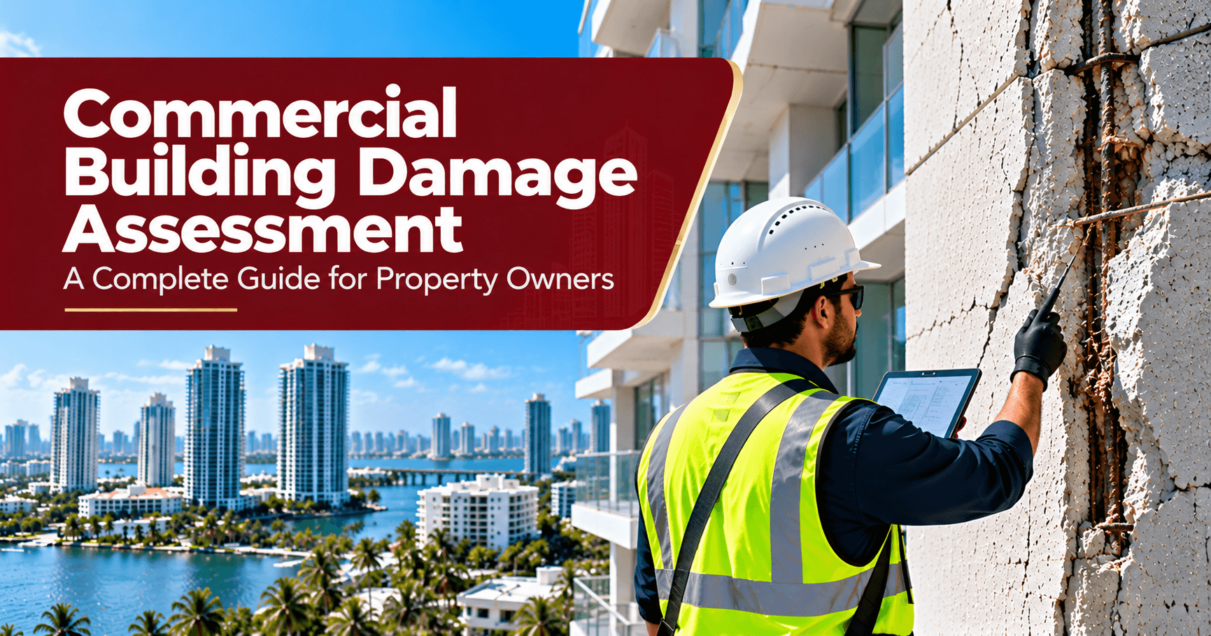 Commercial building damage assessment with an inspector examining cracked concrete and exposed reinforcing steel on a high-rise building.