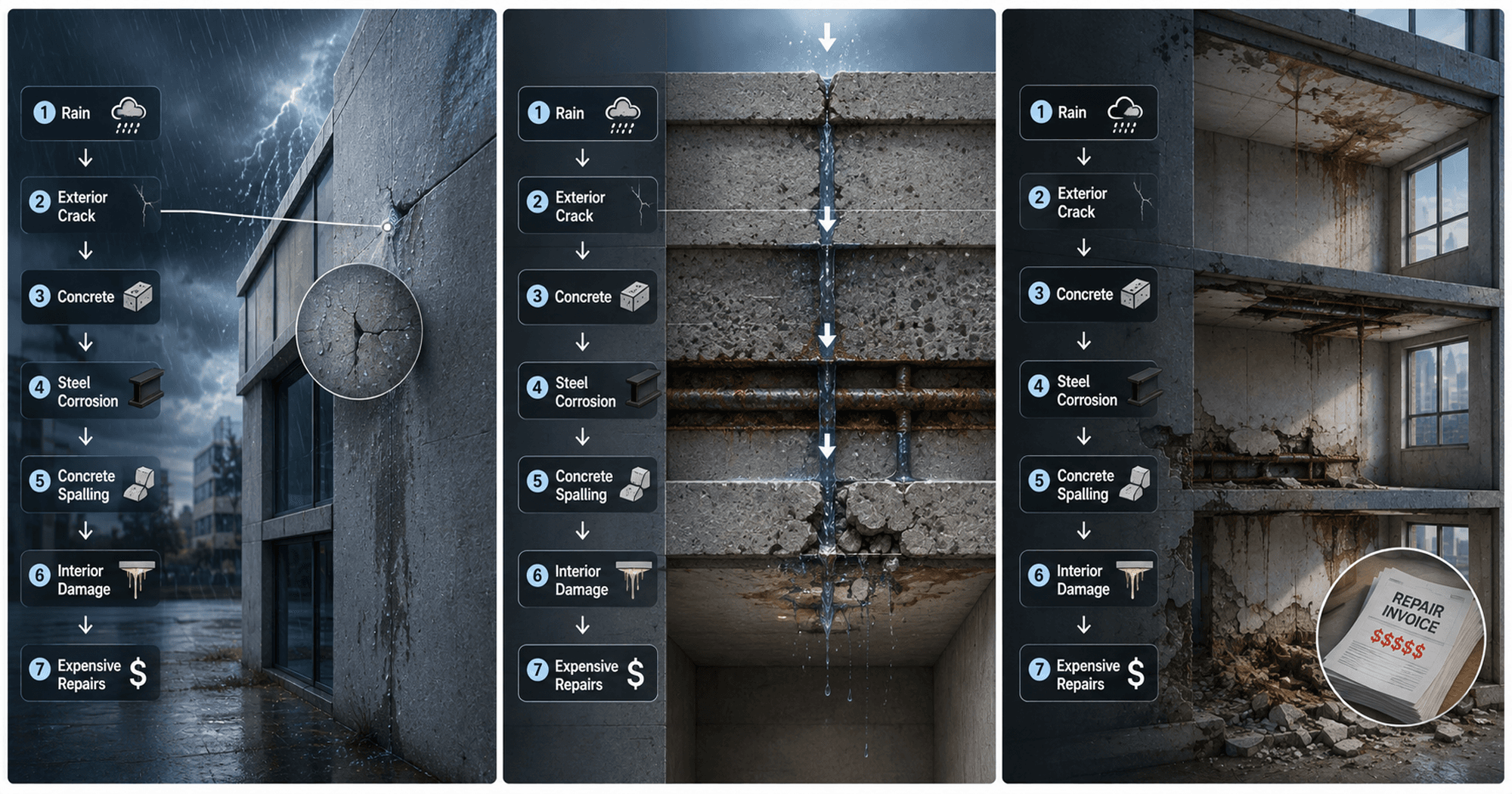 Commercial building waterproofing damage showing cracks, concrete spalling, steel corrosion, interior water damage, and costly repairs