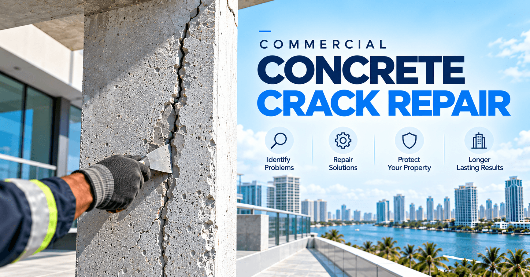 Commercial concrete crack repair on a damaged concrete column at a commercial building in South Florida.