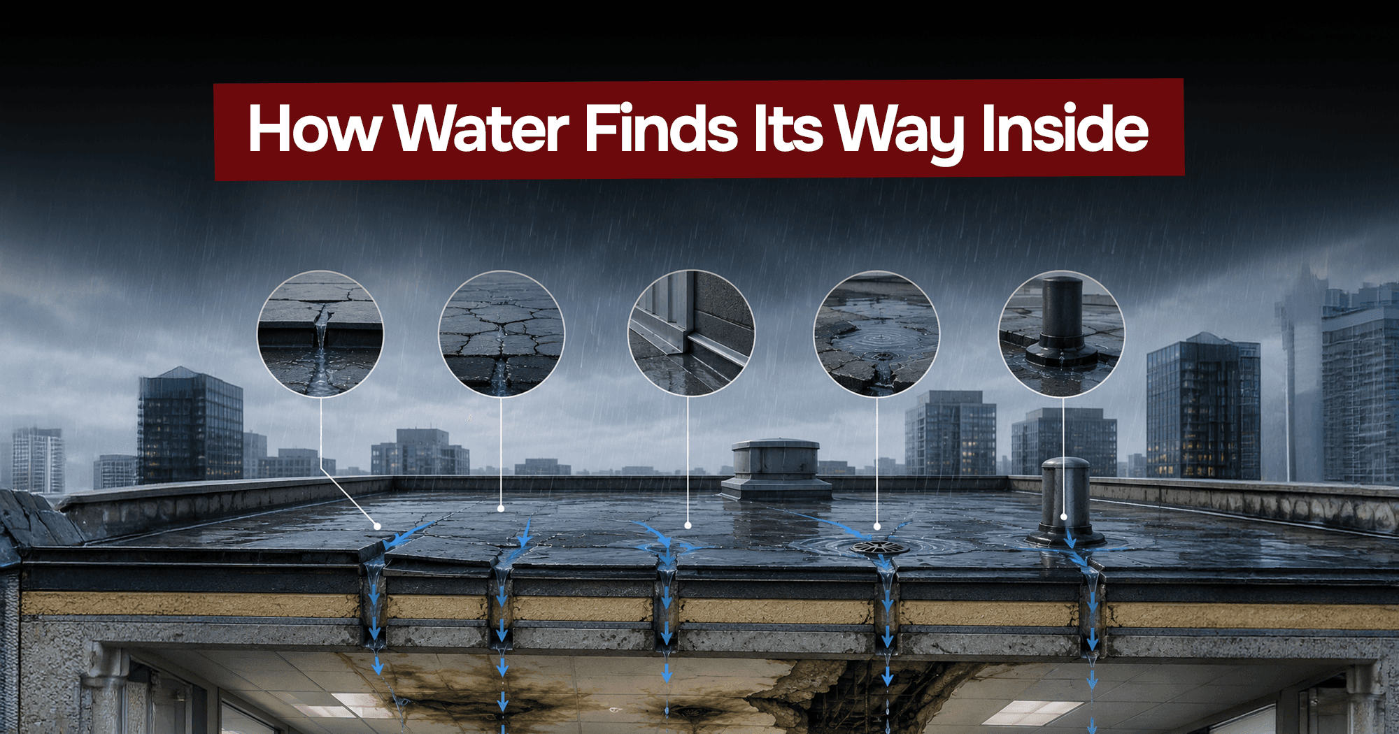 Roof leaks showing water infiltration through cracks and damaged areas