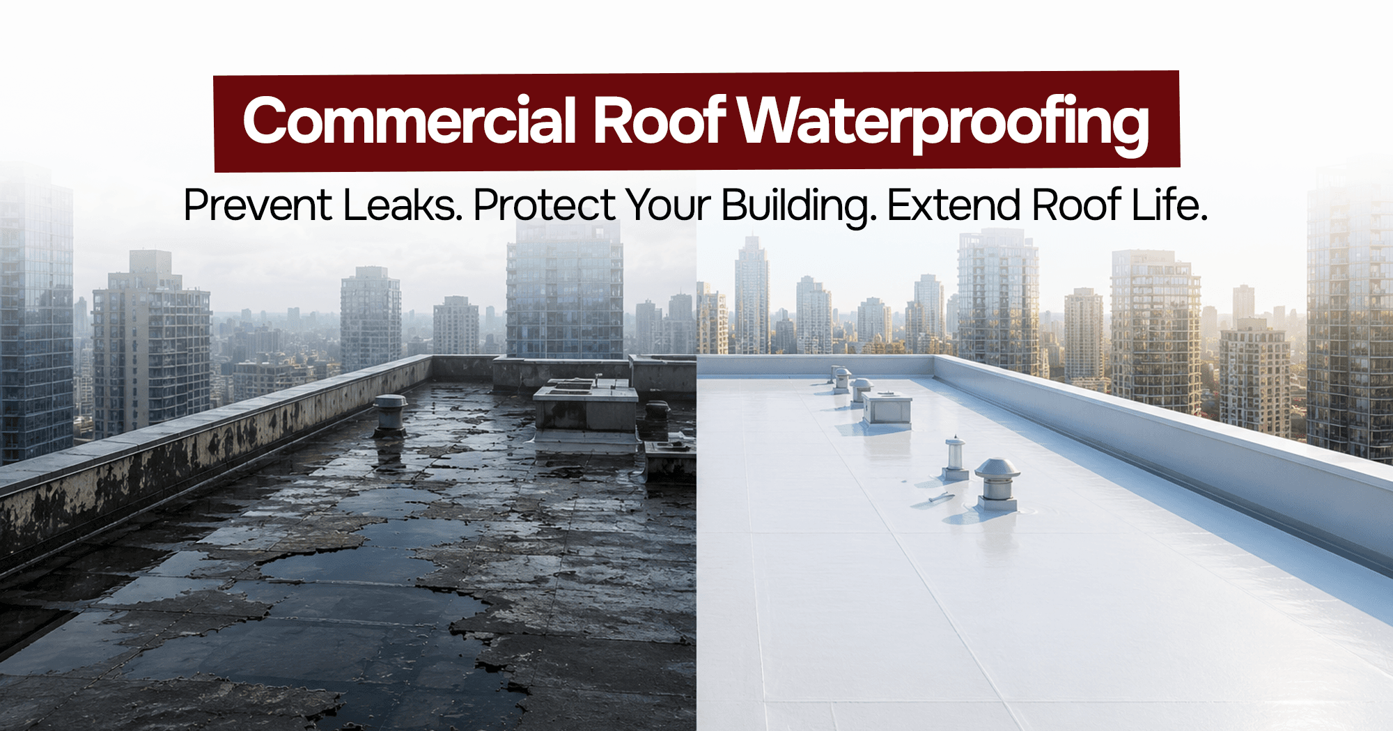 Commercial roof waterproofing showing a damaged, leaking rooftop before treatment and a clean, fully waterproofed roof after treatment, with a city skyline in the background.