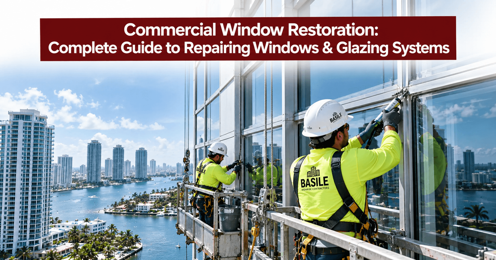 Commercial window restoration in South Florida, with technicians repairing high-rise windows and glass glazing systems.