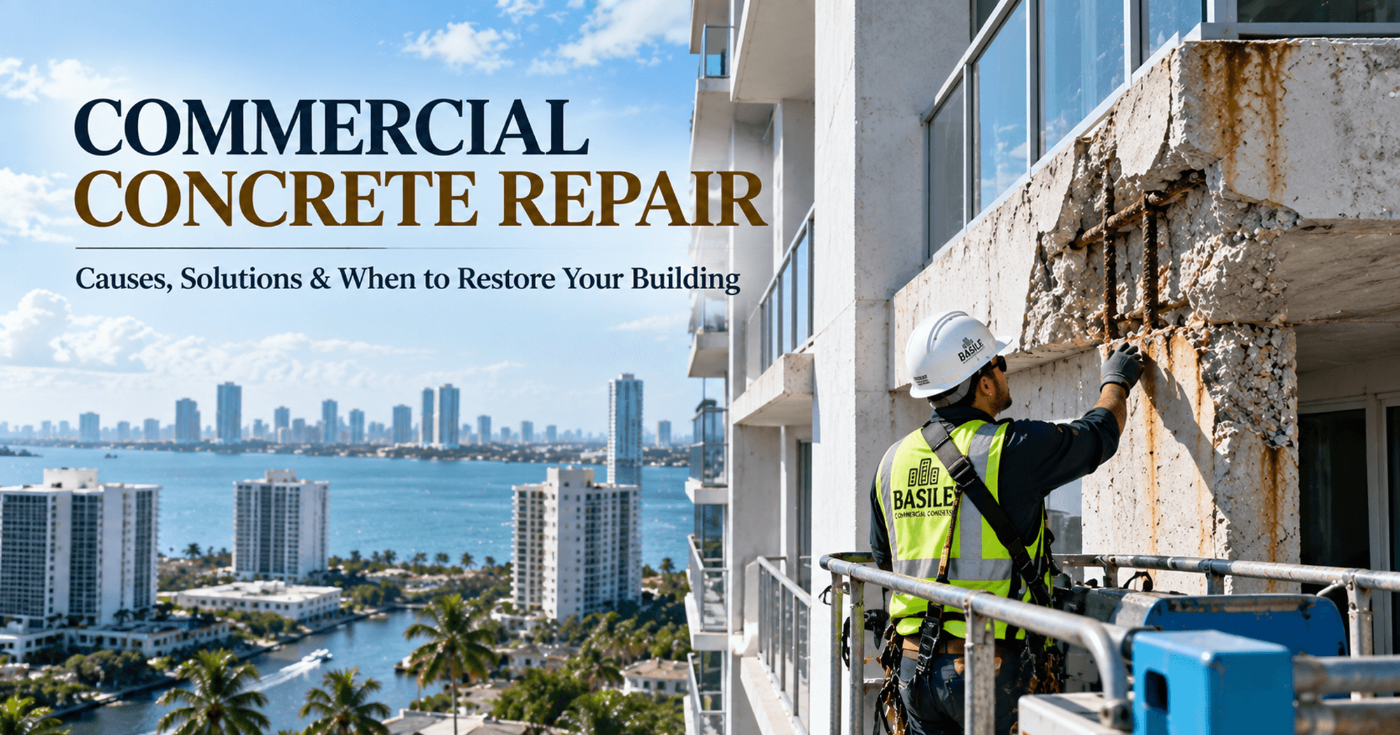 Commercial concrete repair showing damaged concrete, exposed reinforcement, and building facade restoration