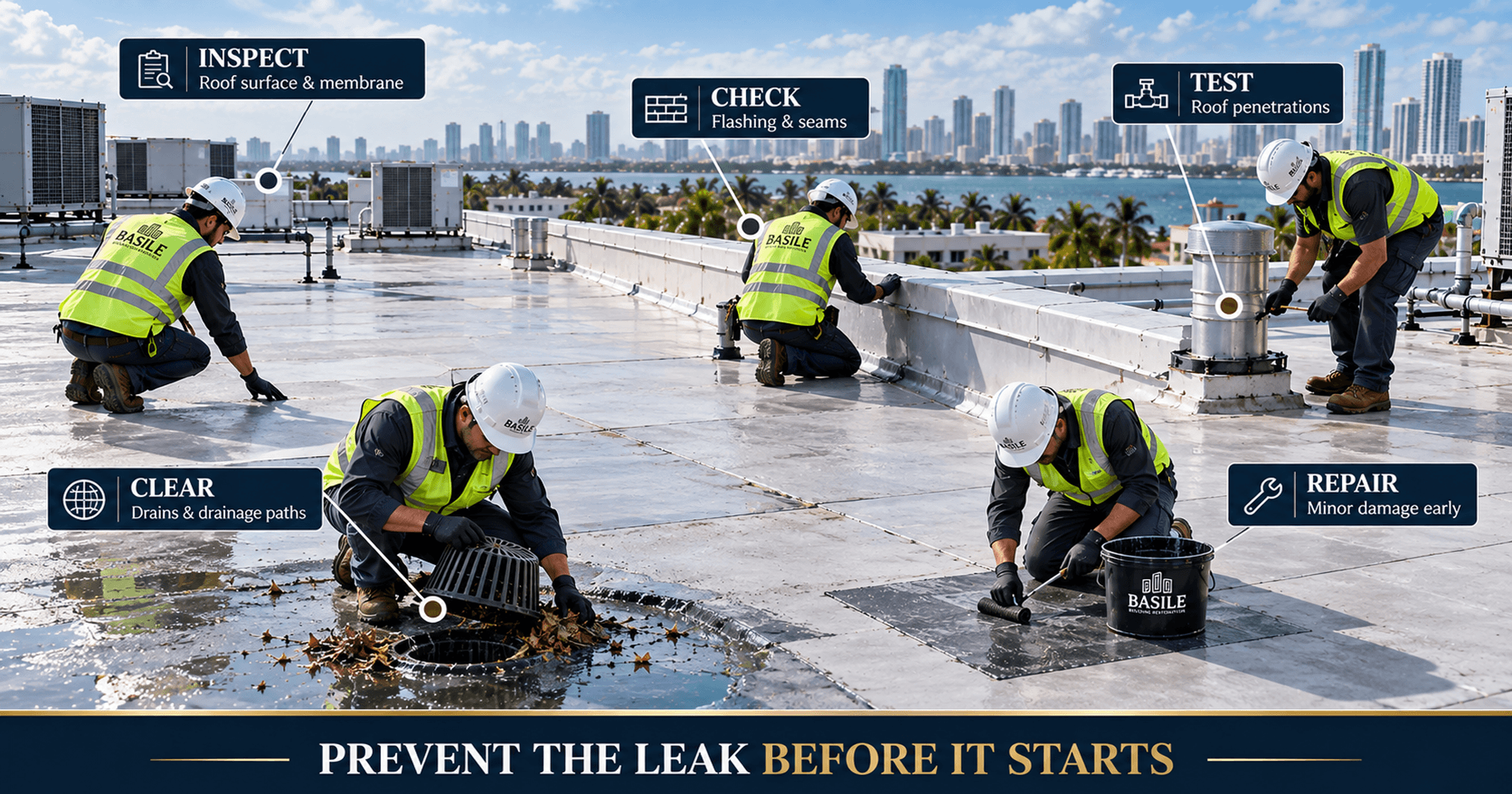 Commercial roof inspection and maintenance team checking roof membrane, flashing, drains, penetrations, and minor damage