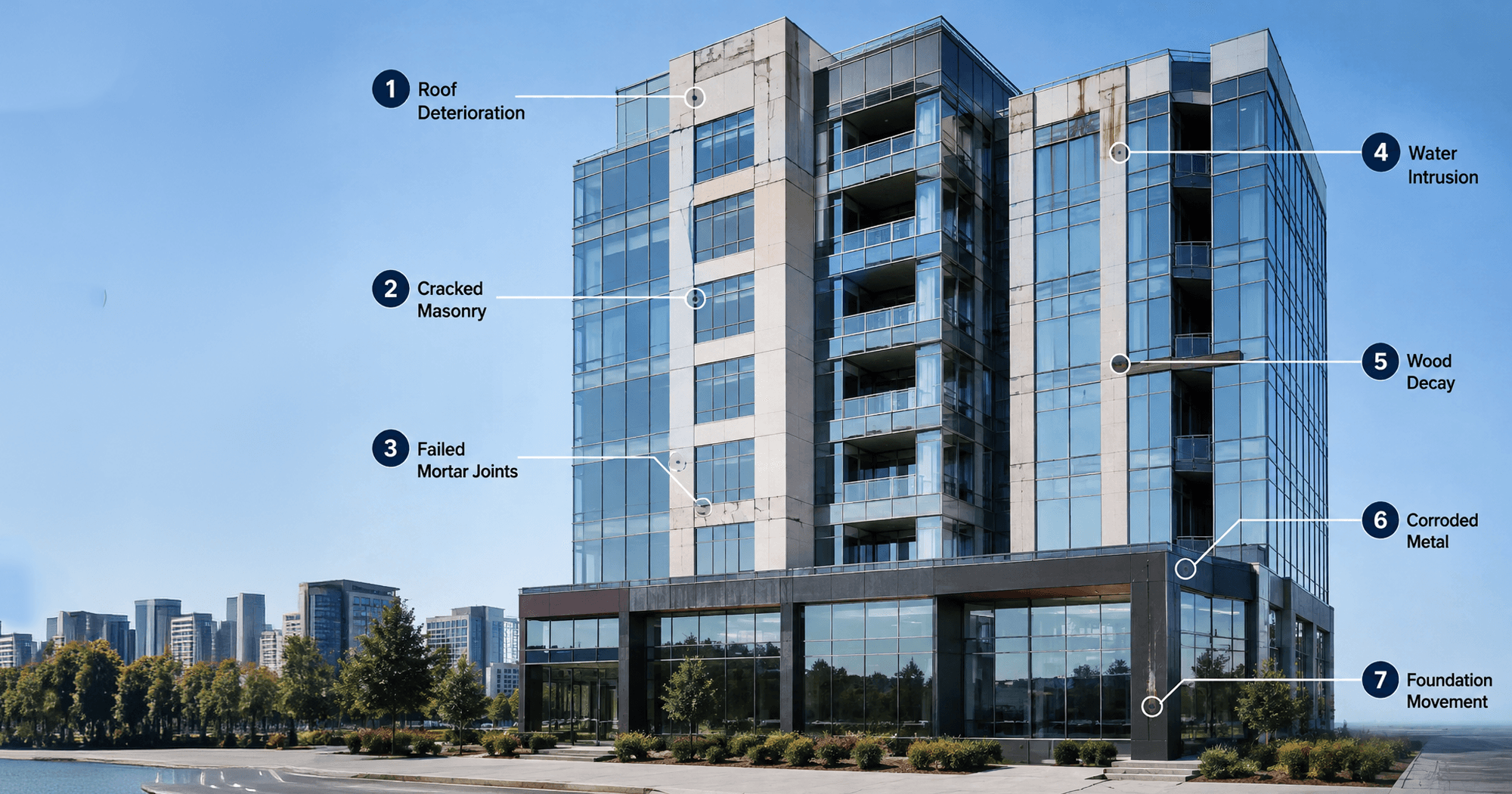 Commercial building assessment showing roof deterioration, cracked masonry, failed mortar joints, water intrusion, wood decay, corroded metal, and foundation movement