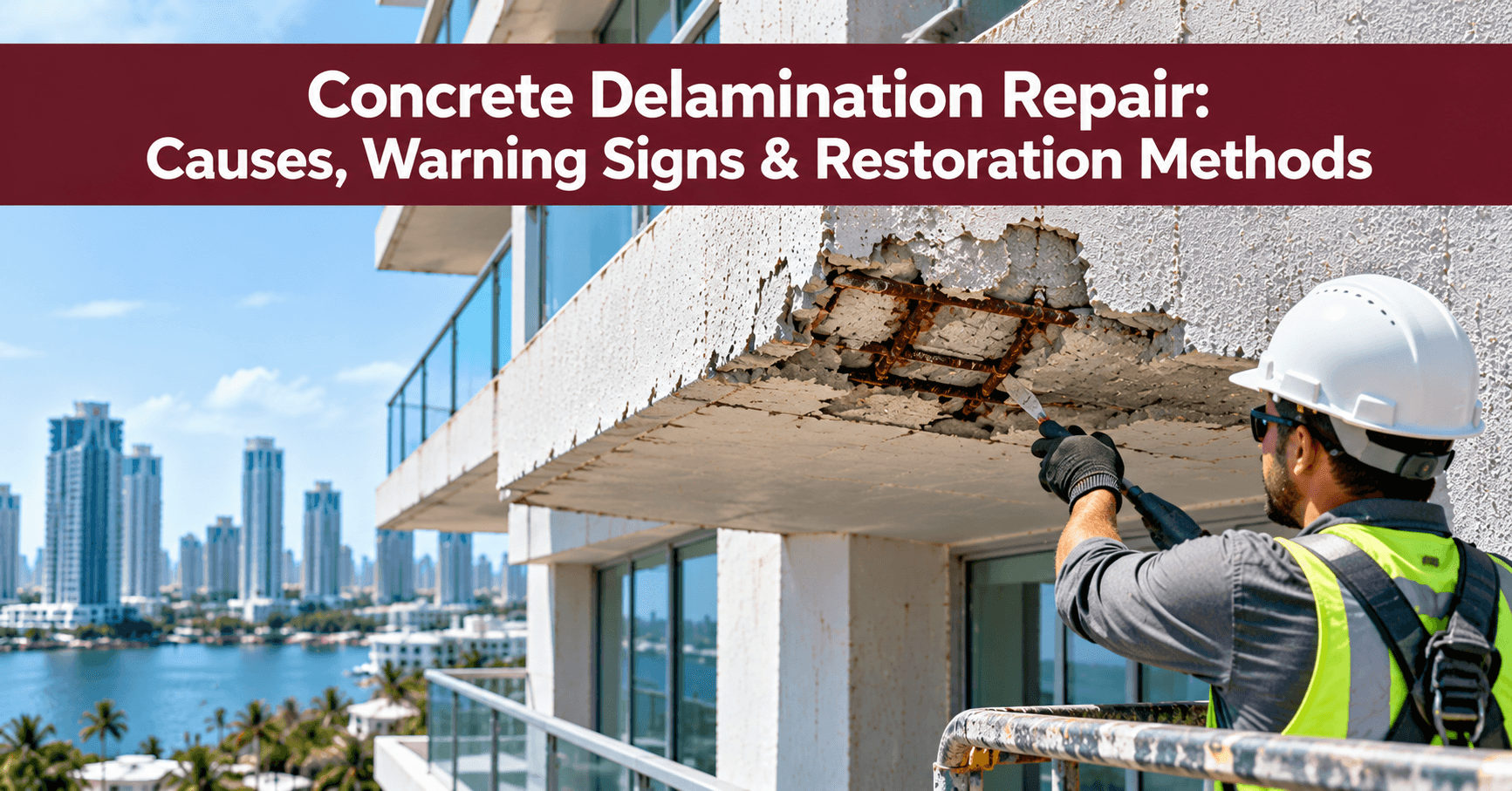 Commercial concrete delamination repair showing a contractor restoring damaged concrete on a building balcony.