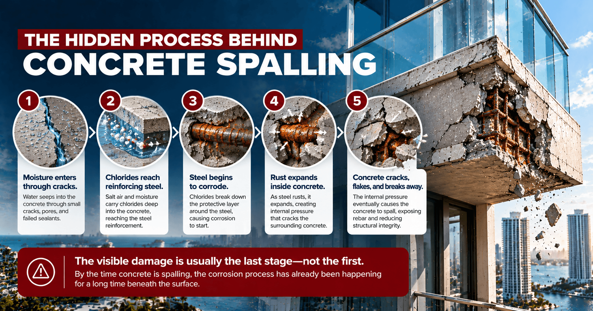 Five-stage concrete spalling process showing moisture intrusion, chloride exposure, reinforcing steel corrosion, rust expansion, and concrete deterioration