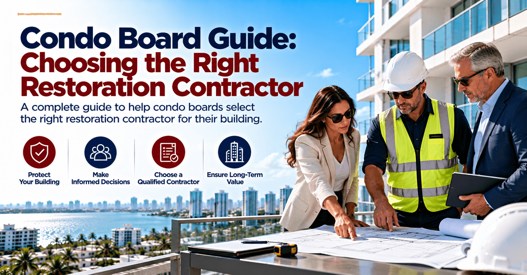 Condo board members reviewing building restoration plans with a contractor at a condominium property.
