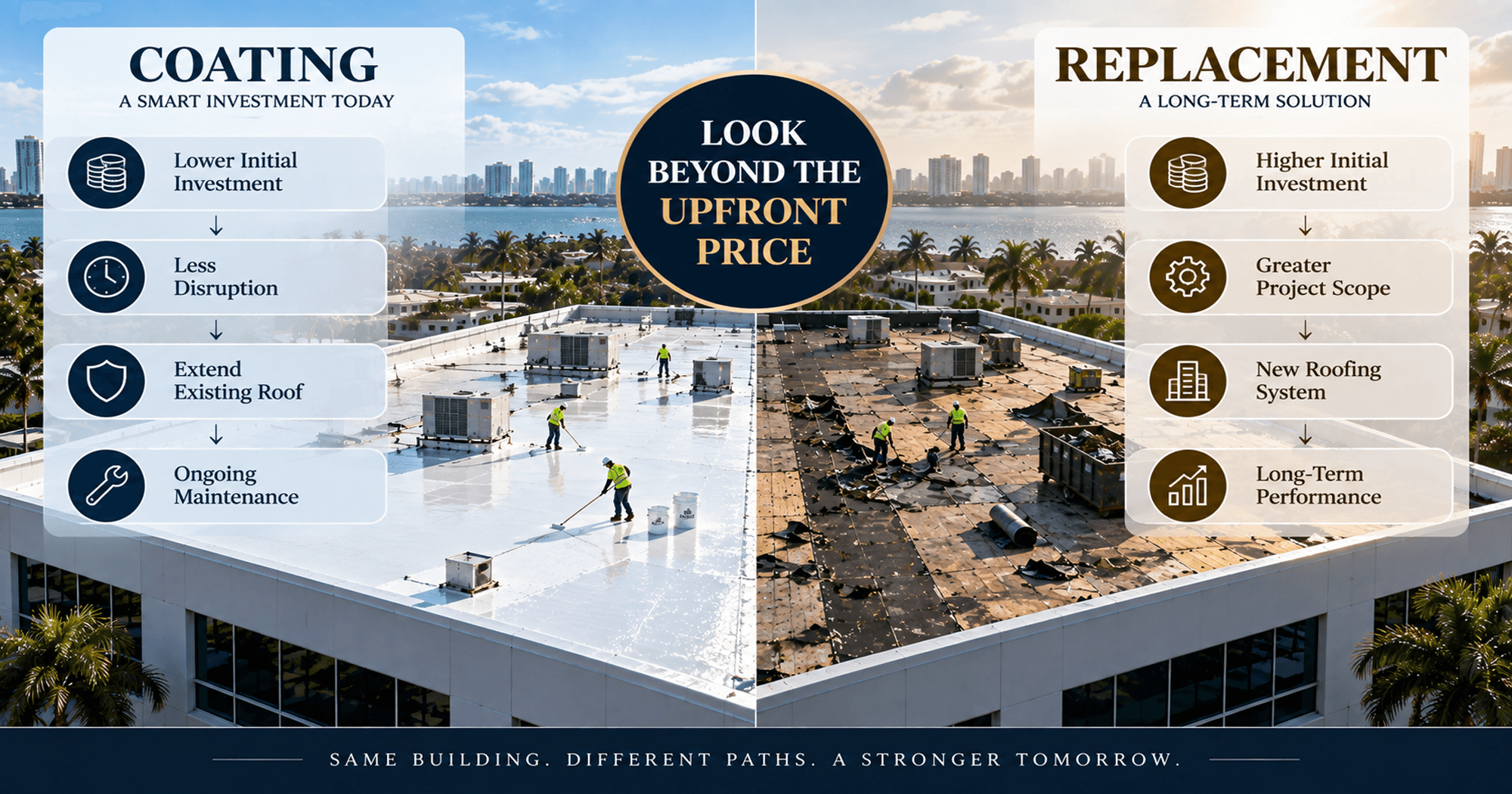 Commercial roof coating versus replacement comparison showing a coated roof with lower initial investment and a deteriorated roof requiring a new roofing system