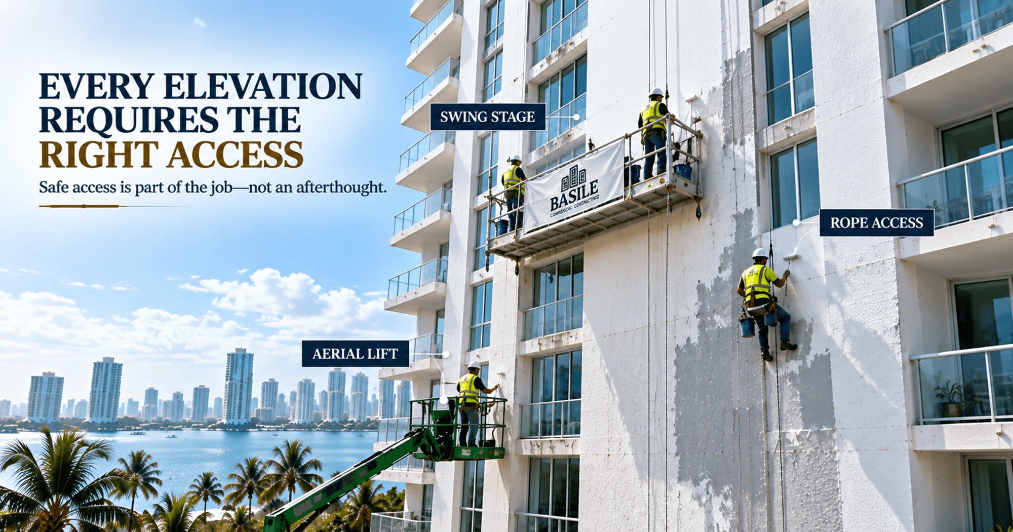 High-rise building exterior access using swing stage, rope access, and aerial lift for painting and coating work