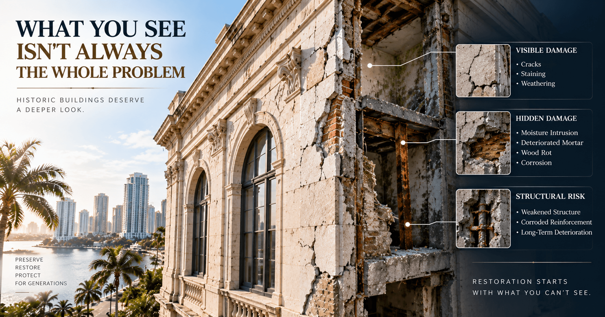 Historic building damage assessment showing visible cracks, moisture intrusion, deteriorated mortar, wood rot, corrosion, and structural risks