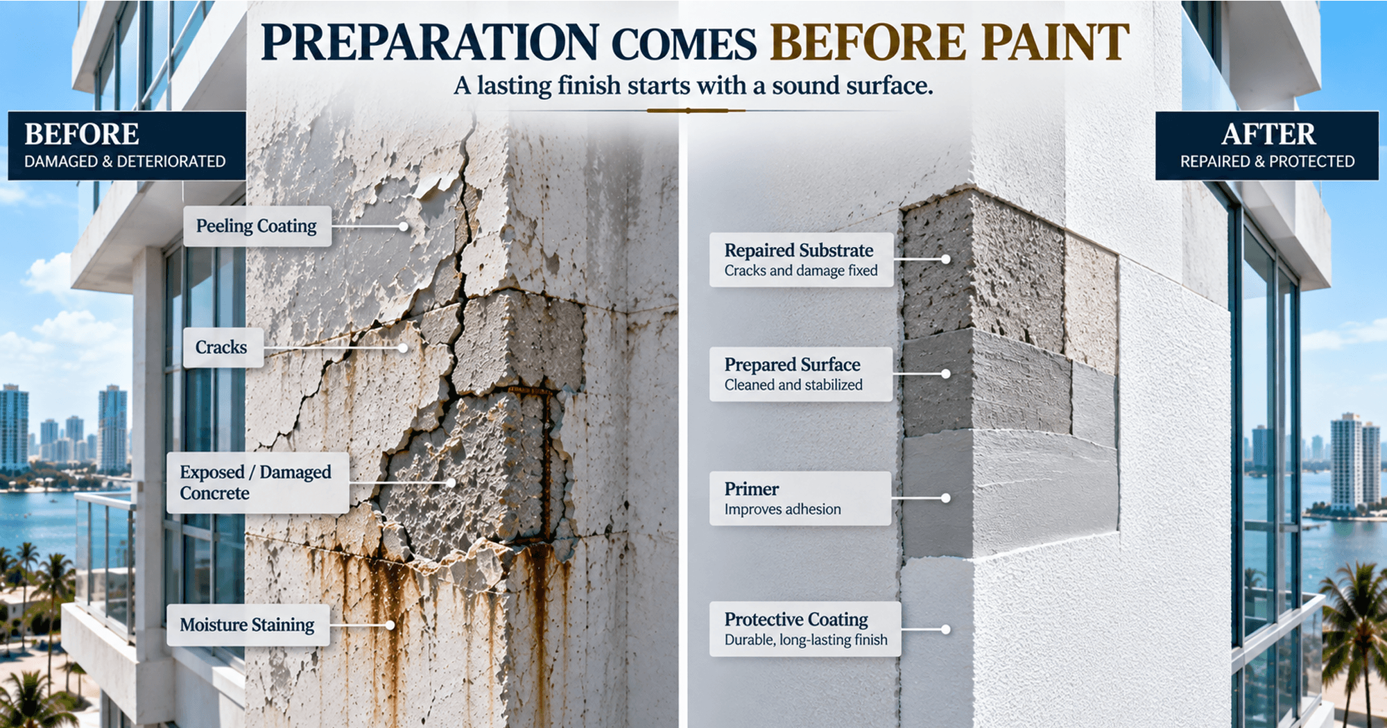 Before and after concrete surface preparation showing peeling coating, cracks, damaged concrete, repaired substrate, primer, and protective coating