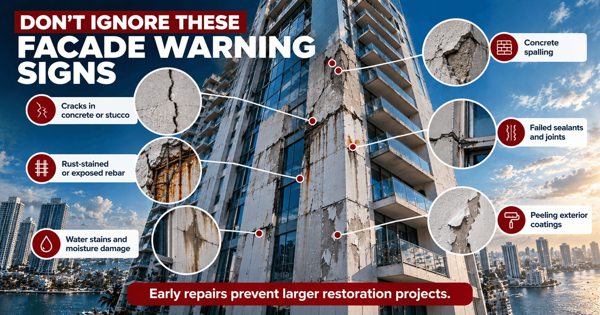 Commercial building facade warning signs in South Florida, including concrete cracks, spalling, exposed rebar, failed sealants, water damage, and peeling exterior coatings