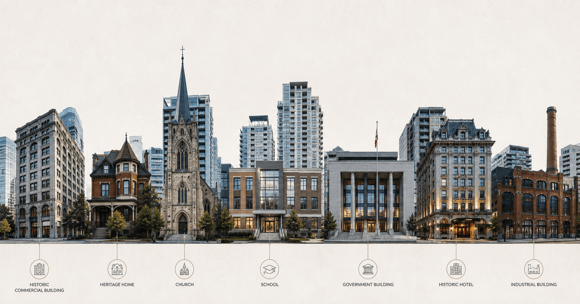 Architectural skyline featuring historic commercial buildings, heritage homes, churches, schools, government buildings, historic hotels, and industrial buildings