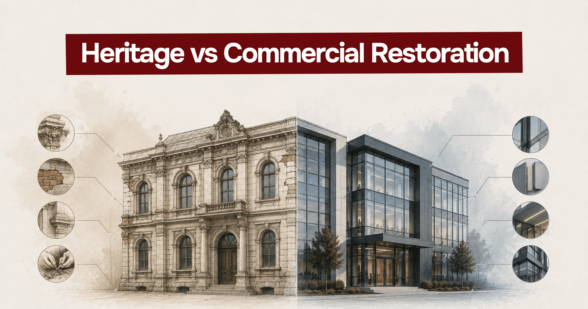 Comparison of heritage restoration and modern commercial restoration showing historic architectural details alongside a contemporary commercial building