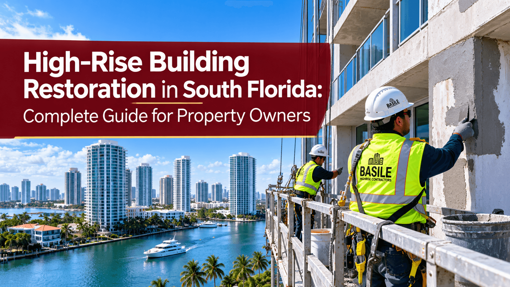 High-rise building restoration in South Florida with concrete facade repairs.