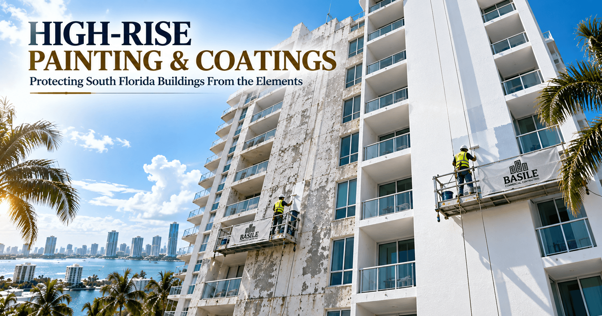 High-rise building painting and protective coating work in South Florida using suspended scaffolding