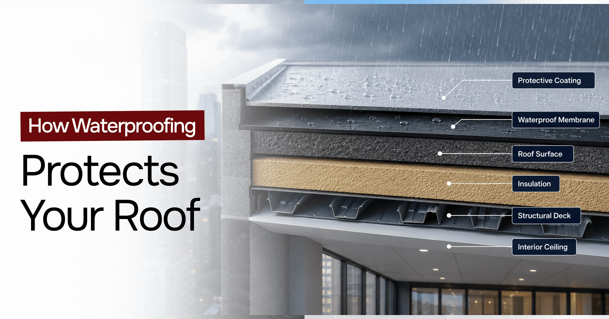 Waterproof roofing system layers protecting a commercial building roof