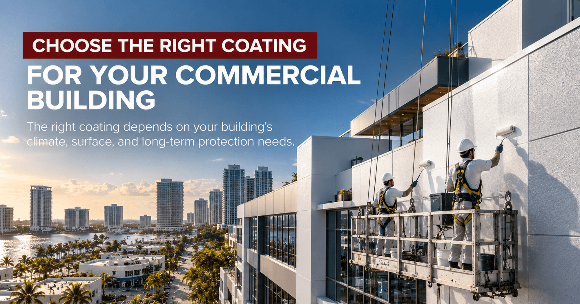 Commercial building exterior coating application with workers using suspended platforms to apply protective wall coating