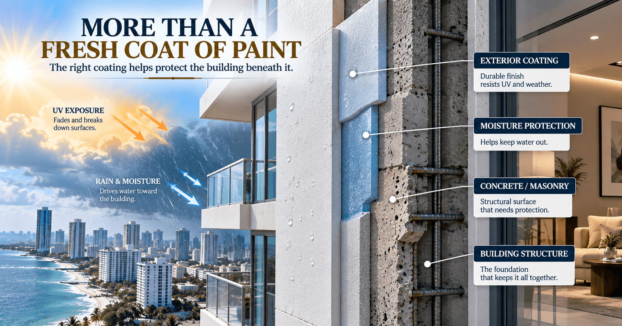 Exterior building coating protecting concrete and masonry from UV exposure, rain, moisture, and weather damage