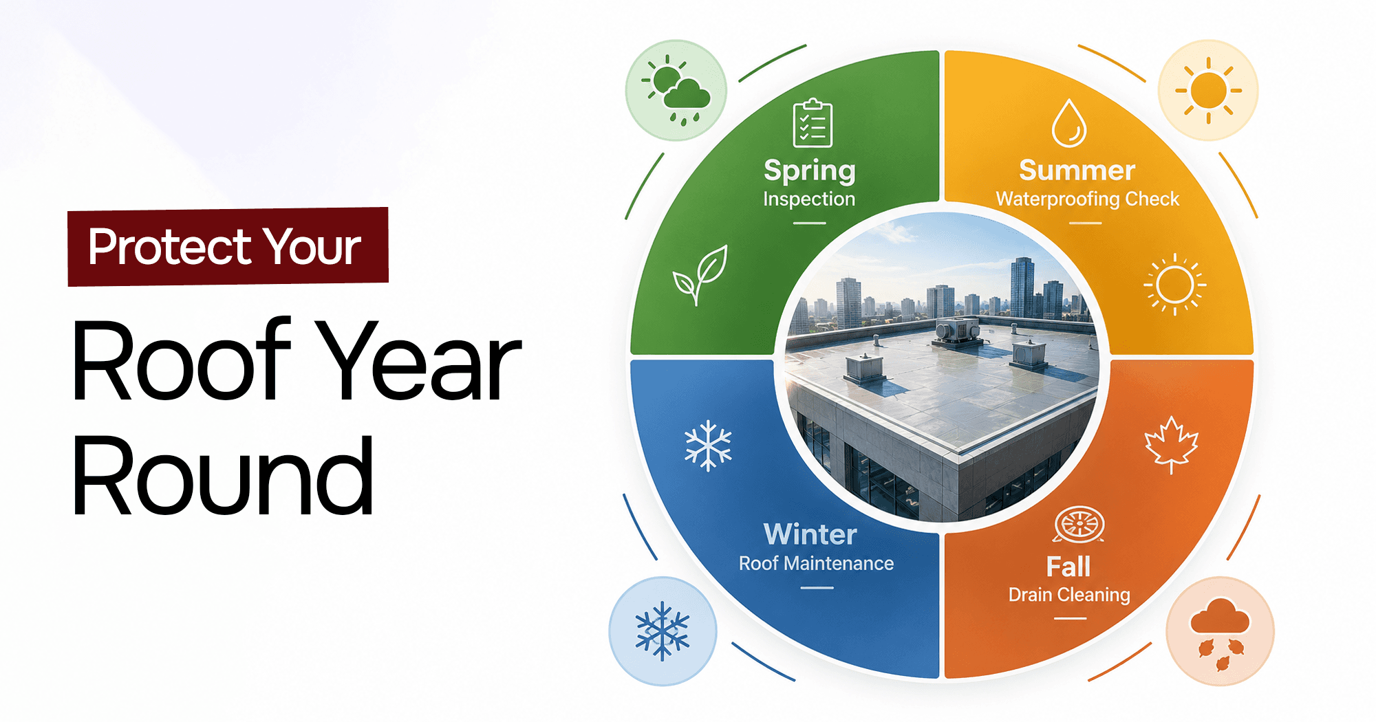 Commercial roof maintenance calendar showing seasonal inspection, waterproofing, drain cleaning, and winter maintenance