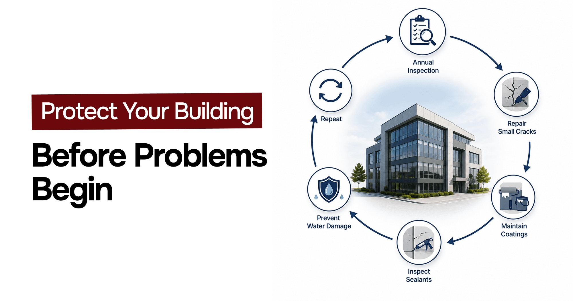 Long-term commercial waterproofing protection with annual inspections, crack repairs, coating maintenance, and sealant checks