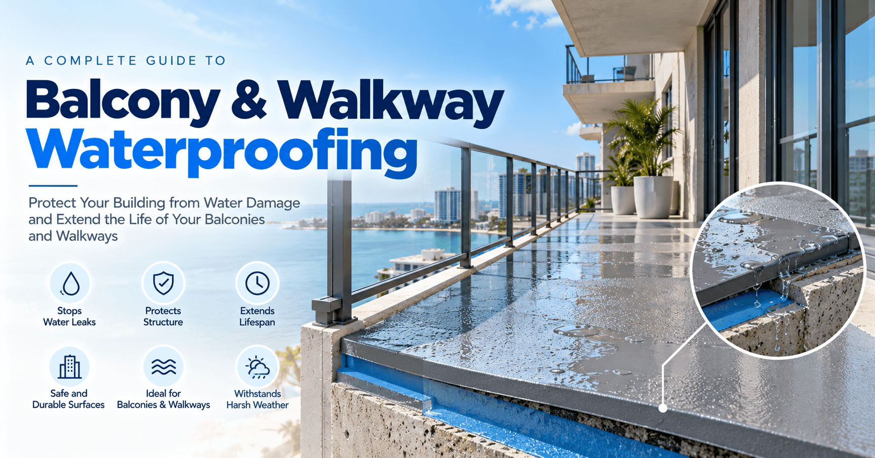 Commercial building balcony waterproofing system protecting concrete surfaces from water damage.