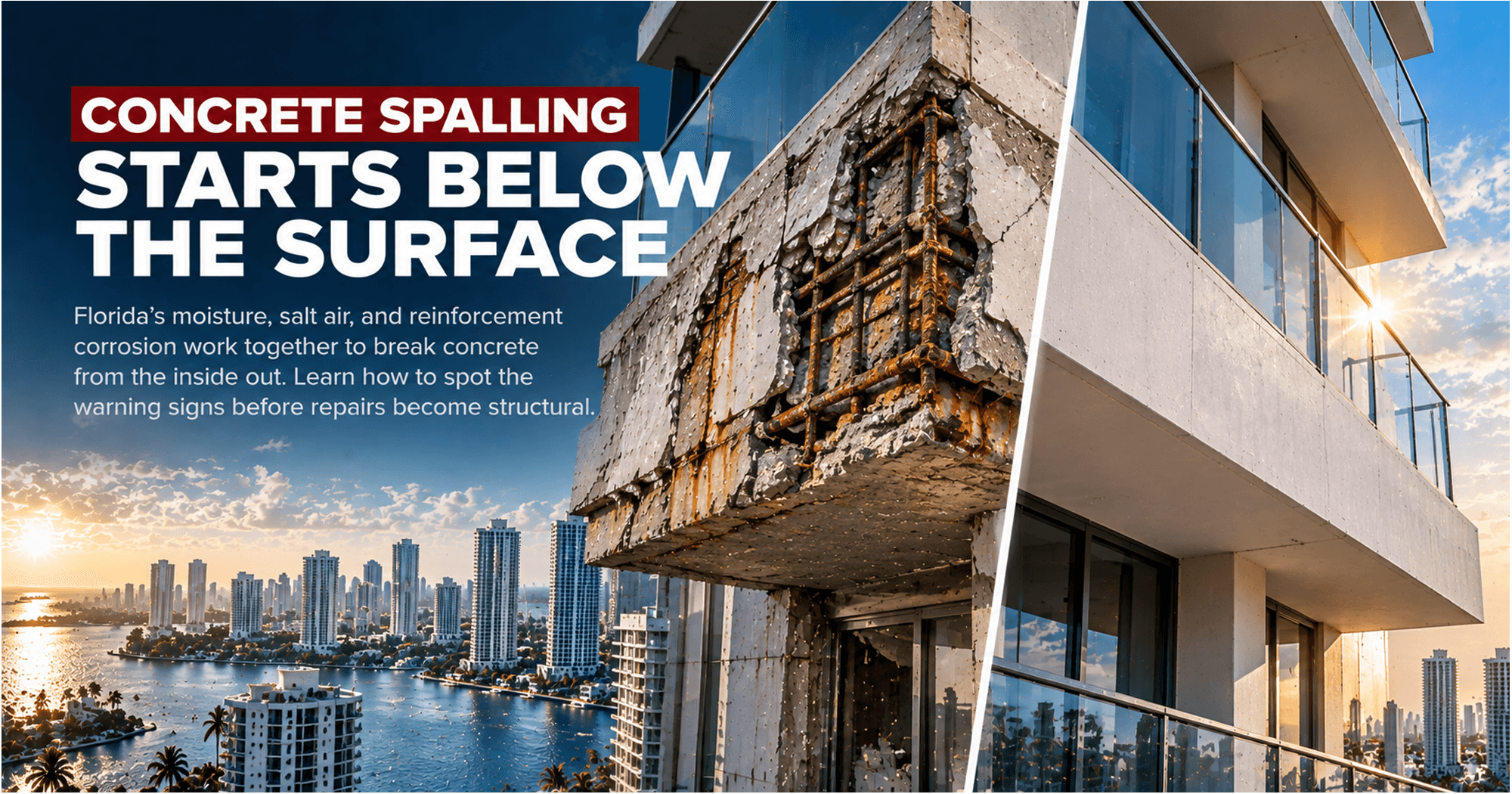 Concrete spalling and exposed rebar on a Florida building caused by moisture, salt air, and reinforcement corrosion