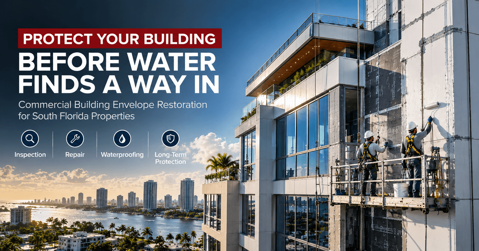 Commercial building envelope restoration and waterproofing in South Florida with workers repairing a modern commercial building exterior