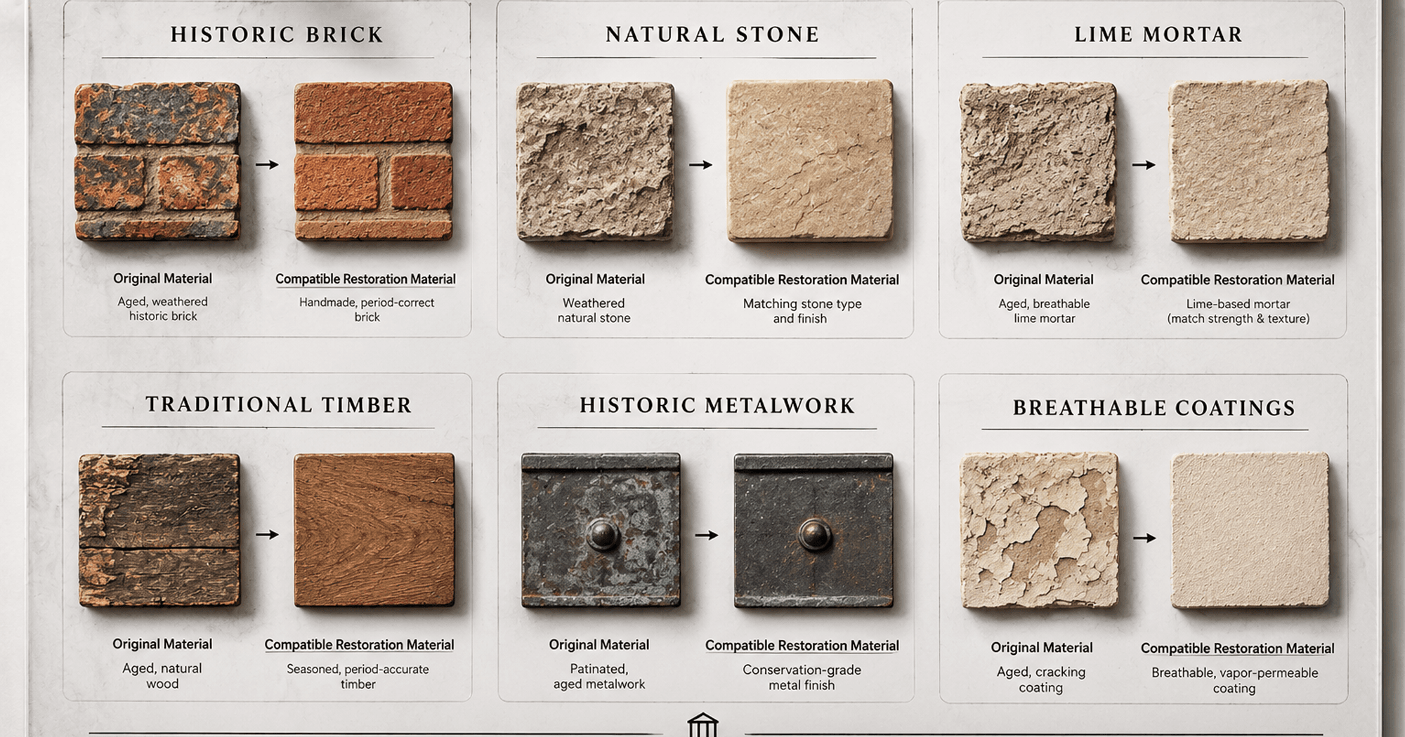 Compatible restoration materials for historic buildings including brick, natural stone, lime mortar, timber, metalwork, and breathable coatings