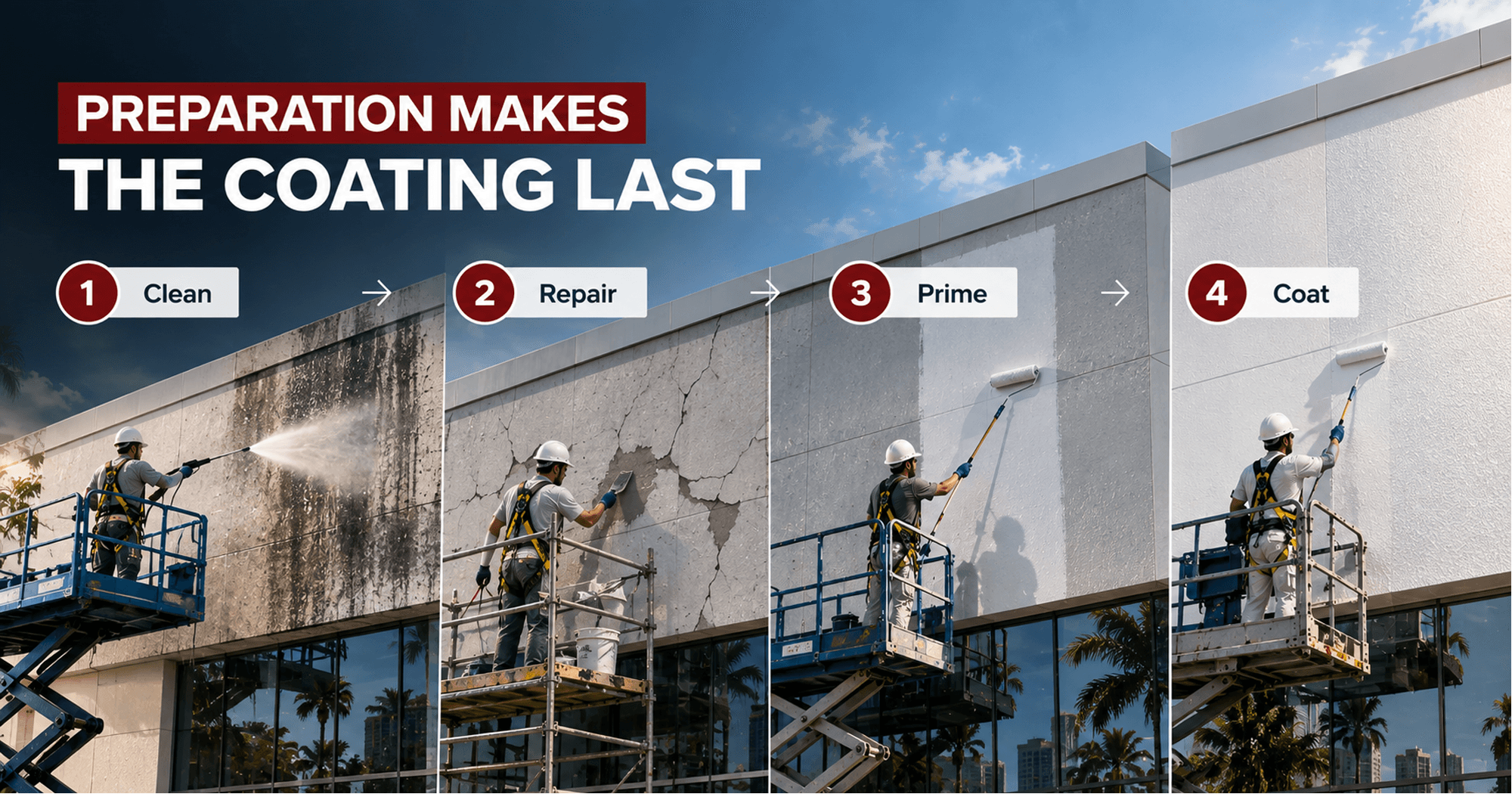 Four-step commercial building coating preparation process showing cleaning, concrete repair, priming, and exterior coating application
