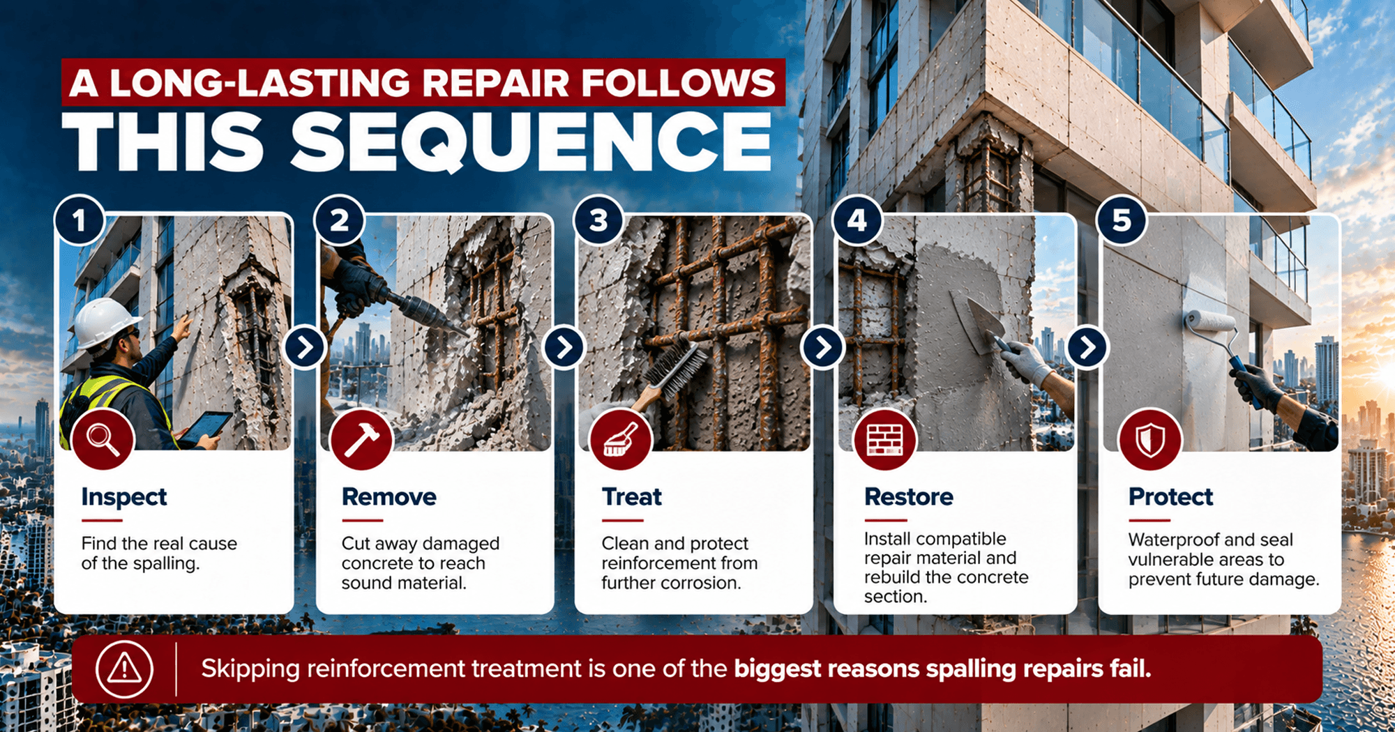 Five-step concrete spalling repair process showing inspection, damaged concrete removal, reinforcement treatment, concrete restoration, and waterproof protection
