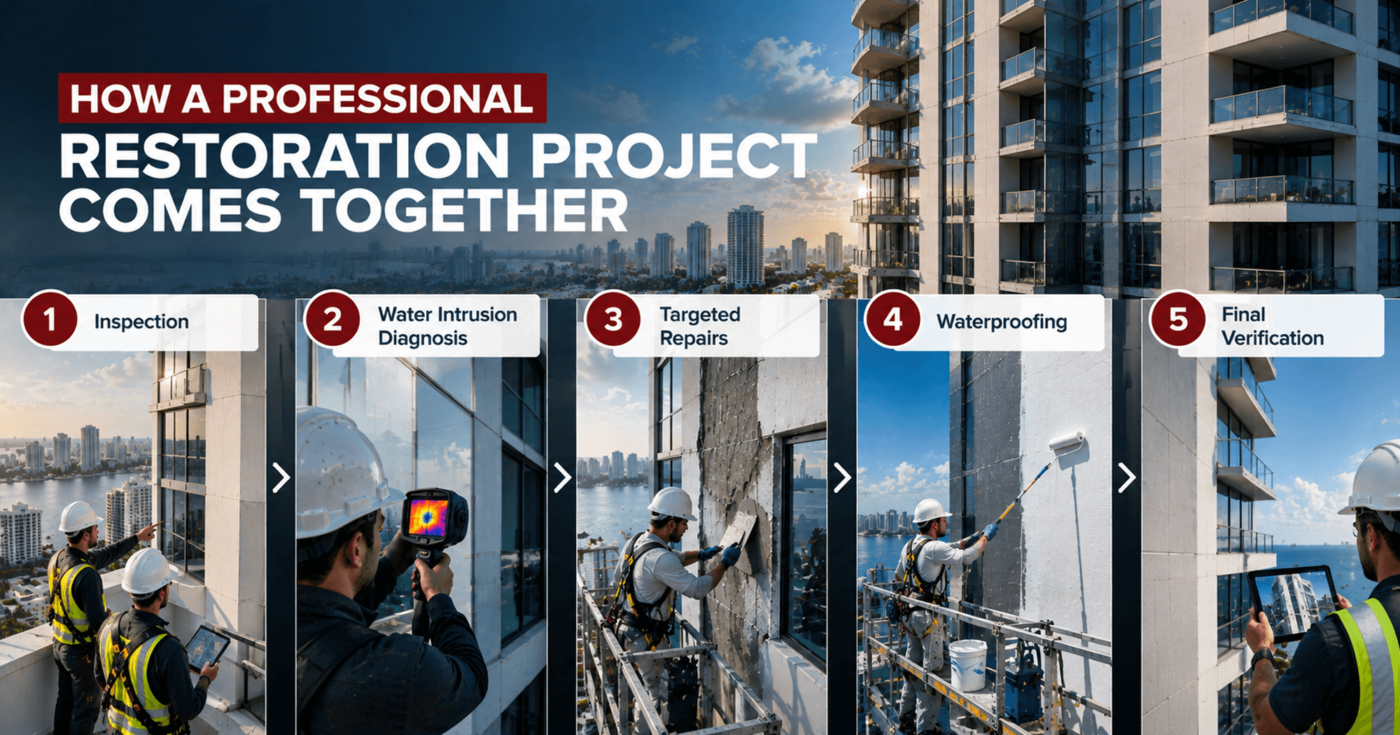 Commercial building restoration process showing inspection, water intrusion diagnosis, targeted repairs, waterproofing, and final verification in South Florida