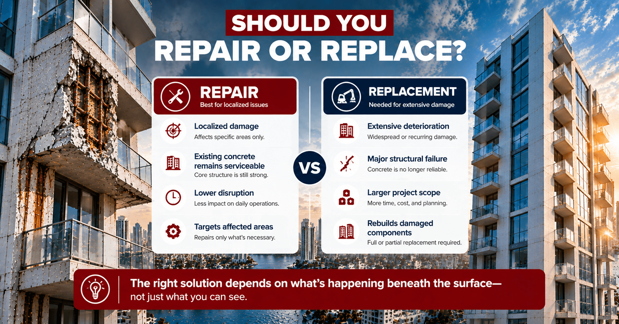 Concrete repair vs replacement comparison showing localized damage, extensive deterioration, structural failure, and project scope considerations