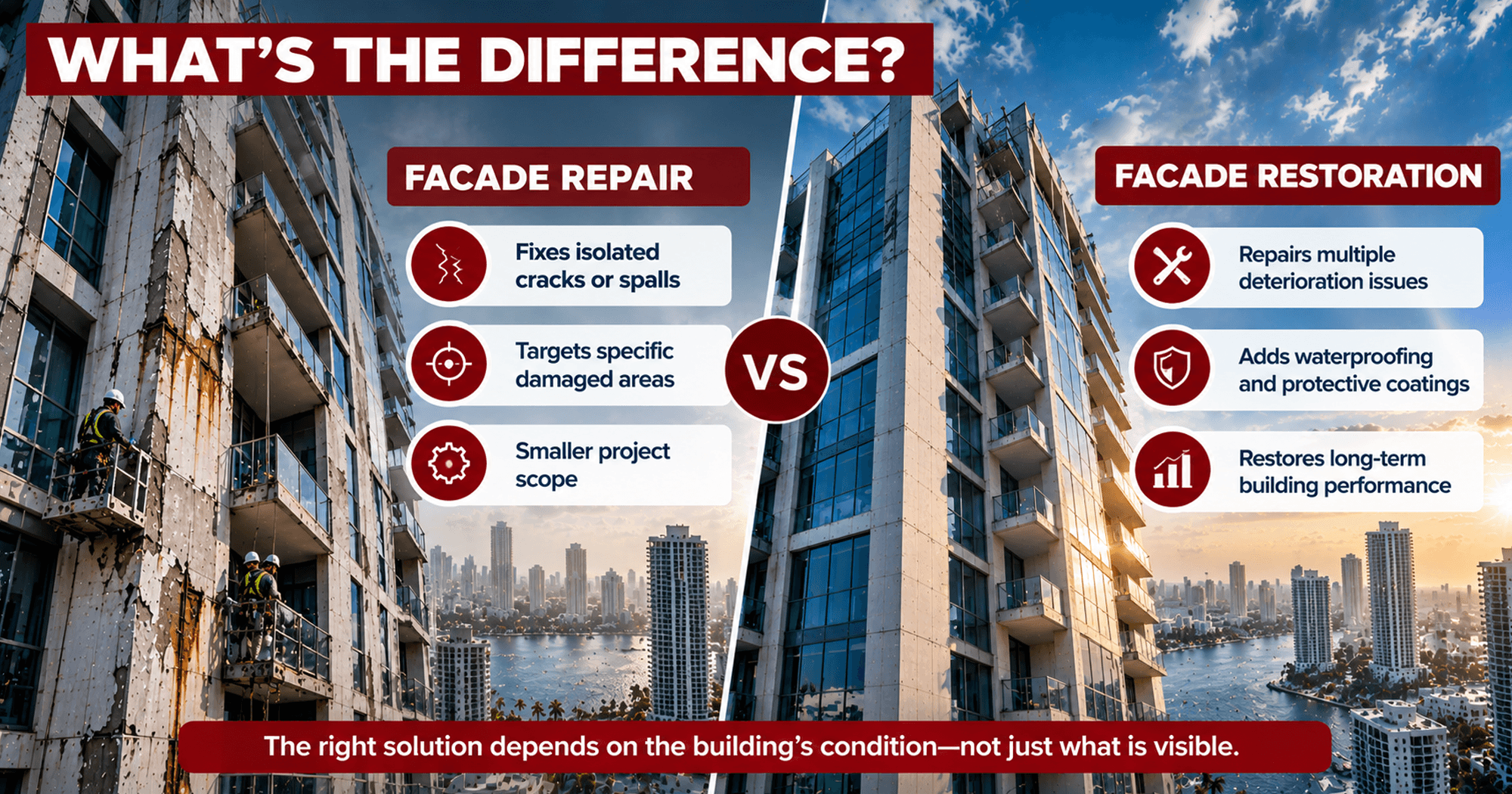 Commercial building facade repair versus facade restoration in South Florida, comparing targeted repairs with comprehensive waterproofing and long-term building protection