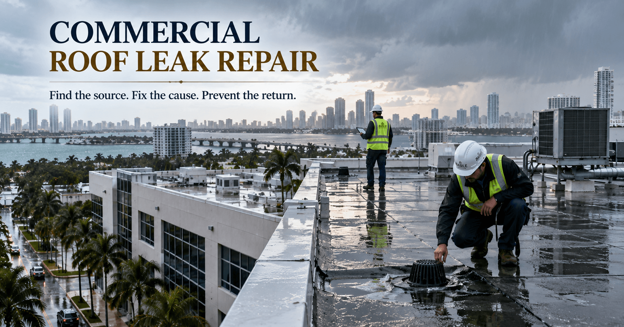 Commercial roof leak repair service with roofing professionals inspecting a wet rooftop after heavy rain