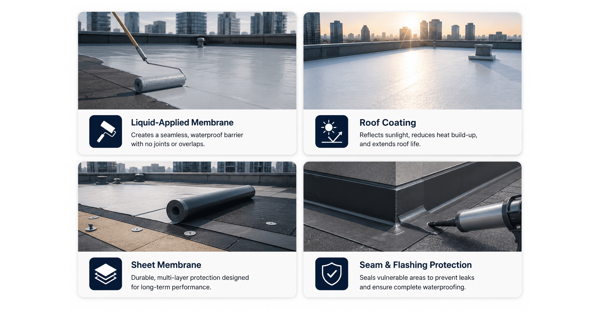 Commercial roof waterproofing systems including liquid-applied membrane, roof coating, sheet membrane, and seam protection