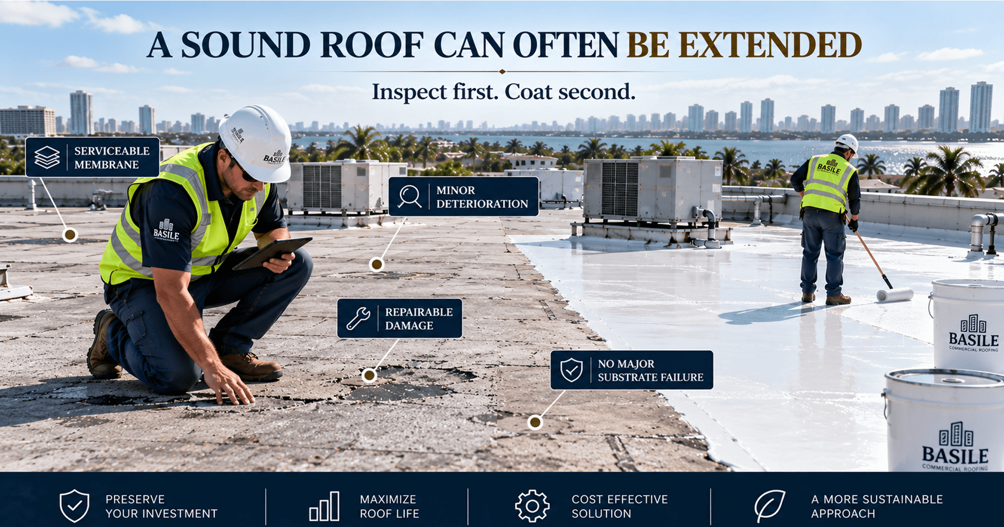 Commercial roof inspection showing a serviceable membrane, minor deterioration, repairable damage, and roof coating application to extend roof life