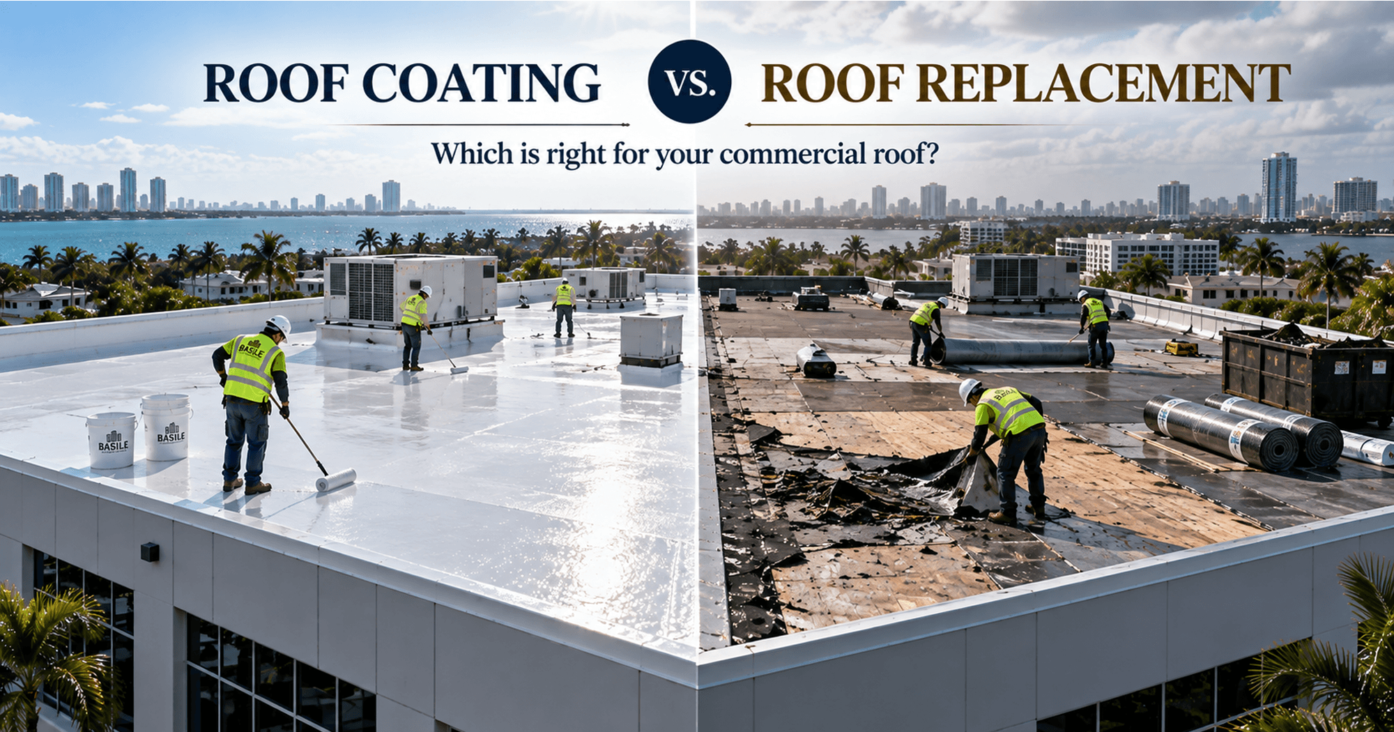 Commercial roof coating versus roof replacement comparison showing a restored coated roof and a deteriorated roof undergoing replacement