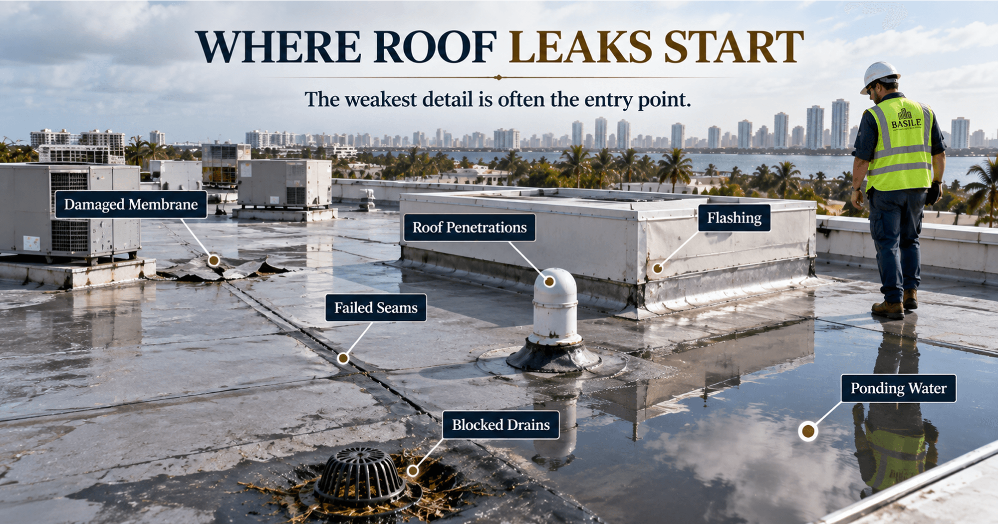 Commercial rooftop showing common roof leak sources including damaged membrane, failed seams, roof penetrations, flashing, blocked drains, and ponding water