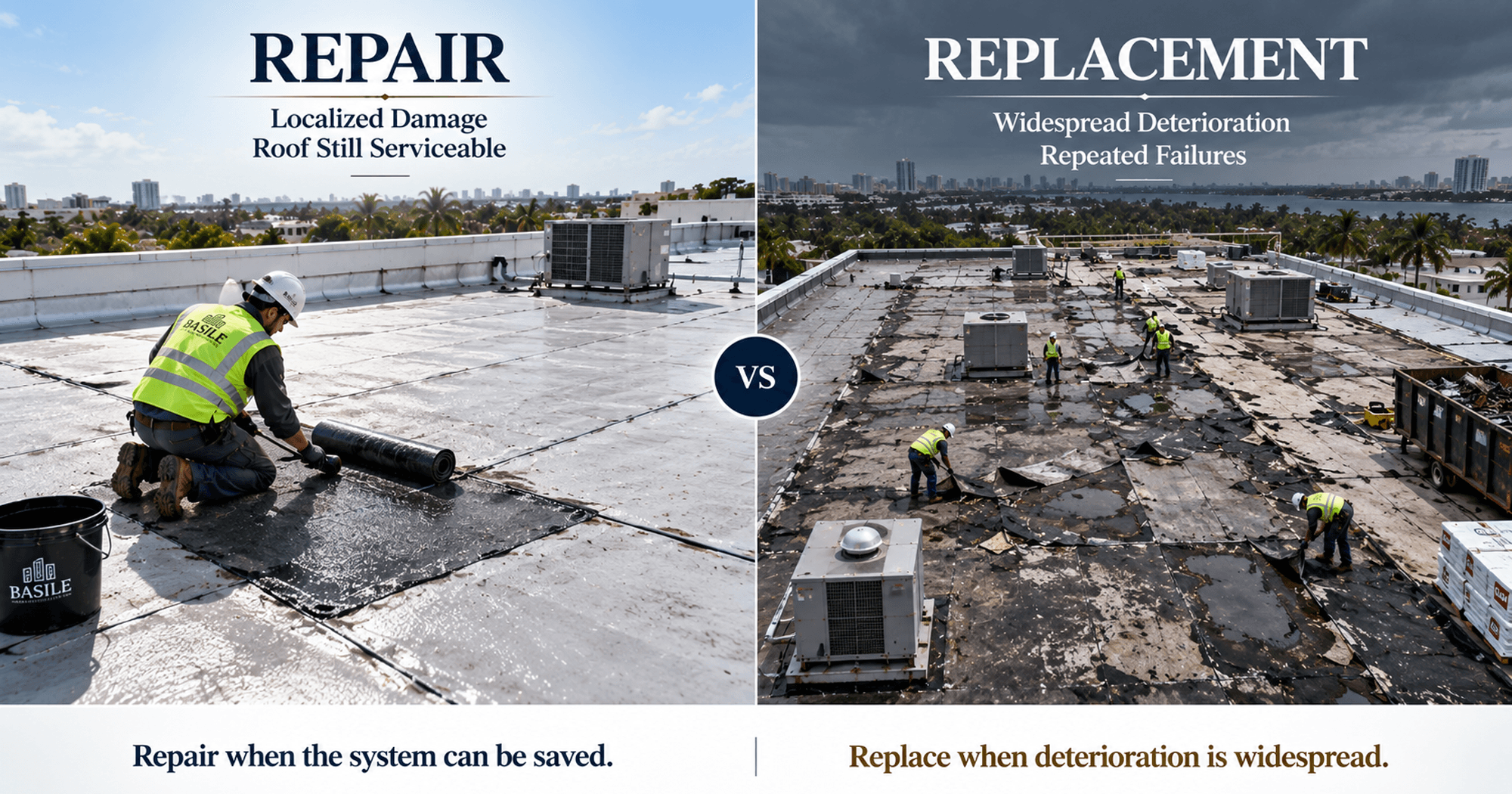Commercial roof repair versus replacement comparison showing localized roof damage repair and widespread roof deterioration requiring replacement