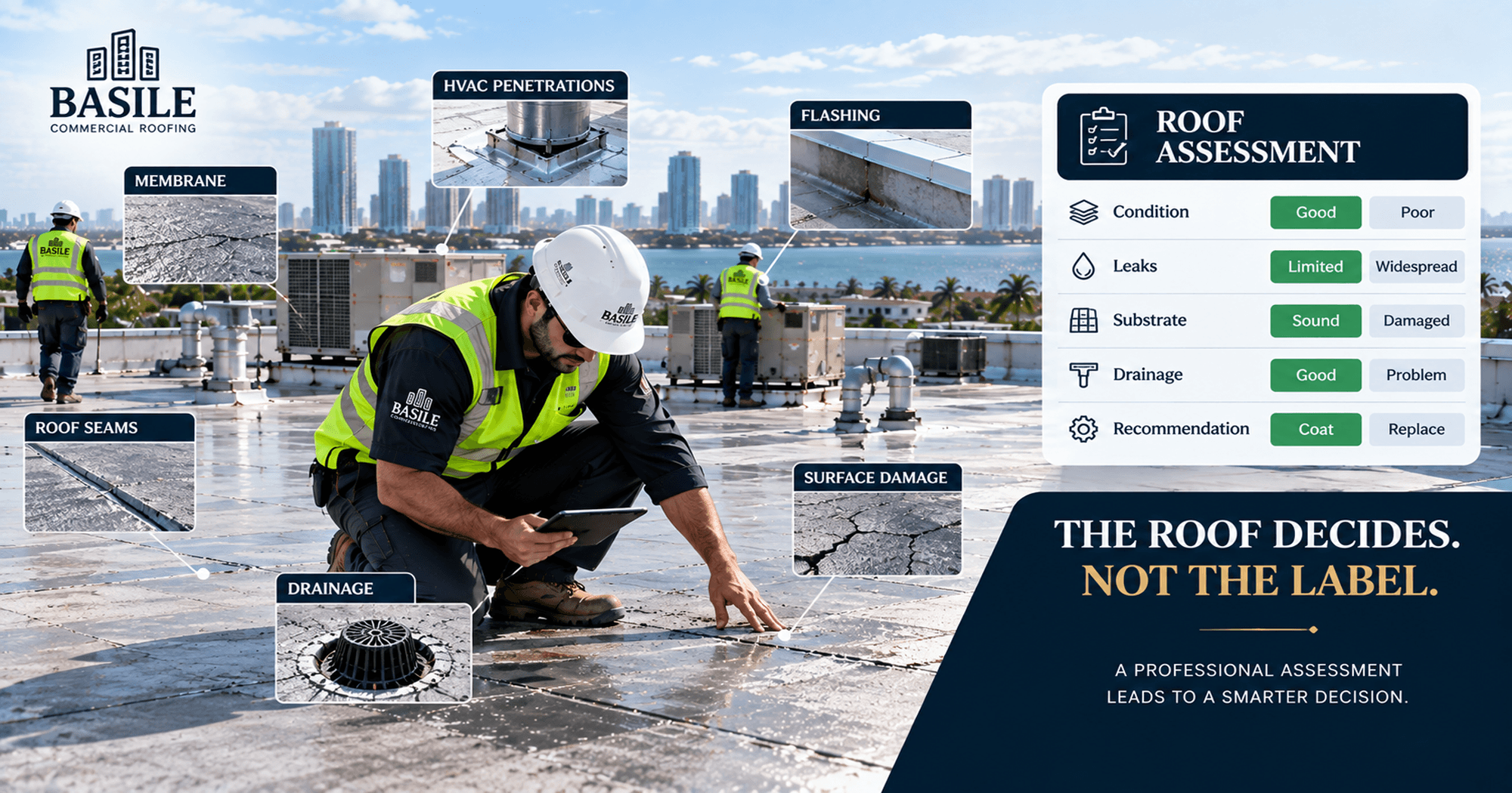 Commercial roof assessment showing inspection of membrane, roof seams, HVAC penetrations, flashing, drainage, and surface damage