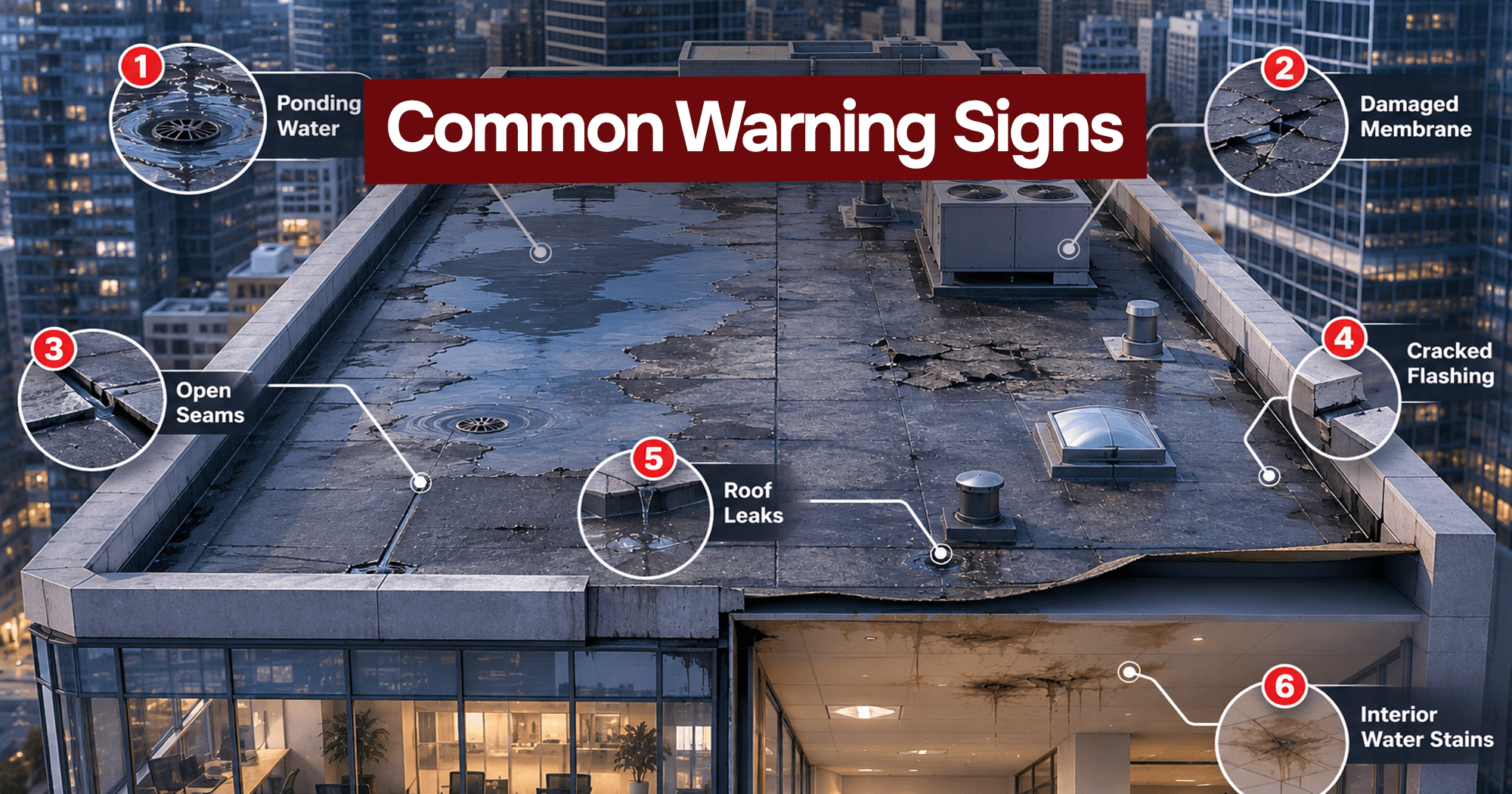 Commercial roof warning signs including ponding water, cracked membrane, open seams, and roof leaks