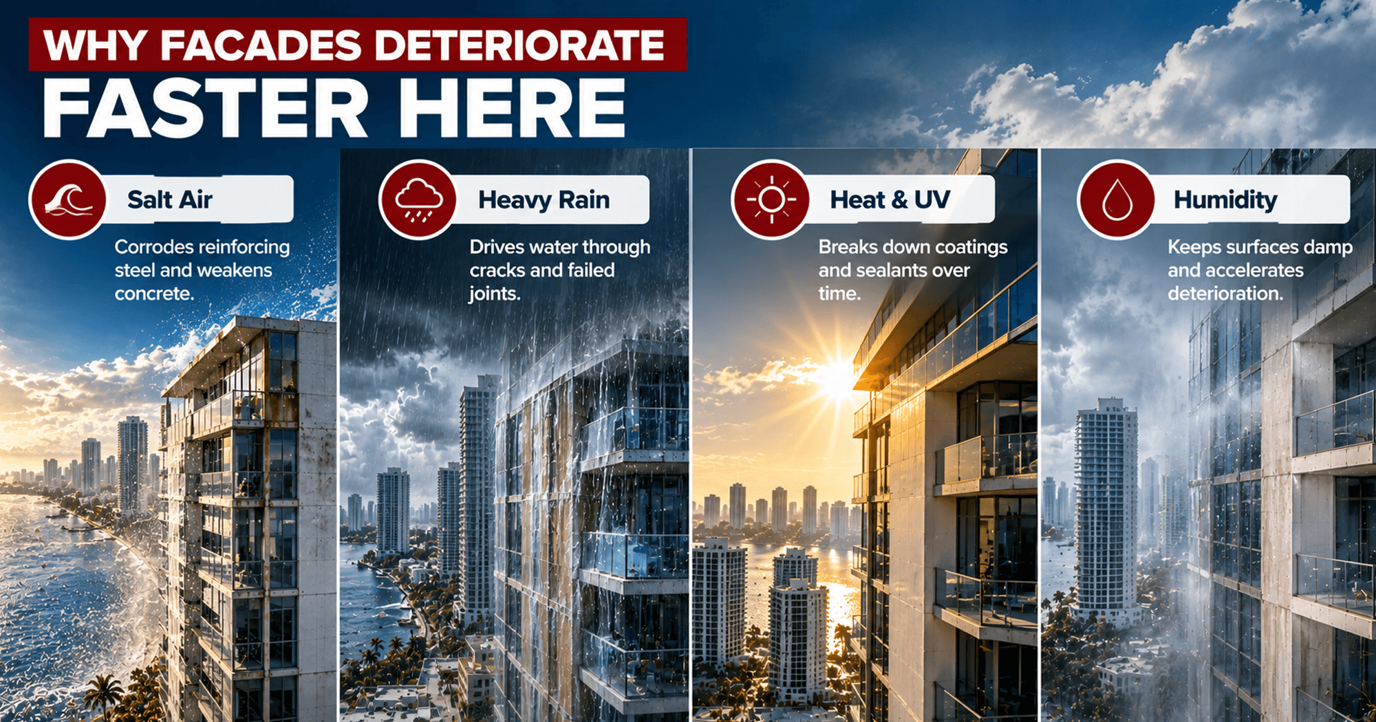 Commercial building facade deterioration in South Florida caused by salt air, heavy rain, heat, UV exposure, and high humidity