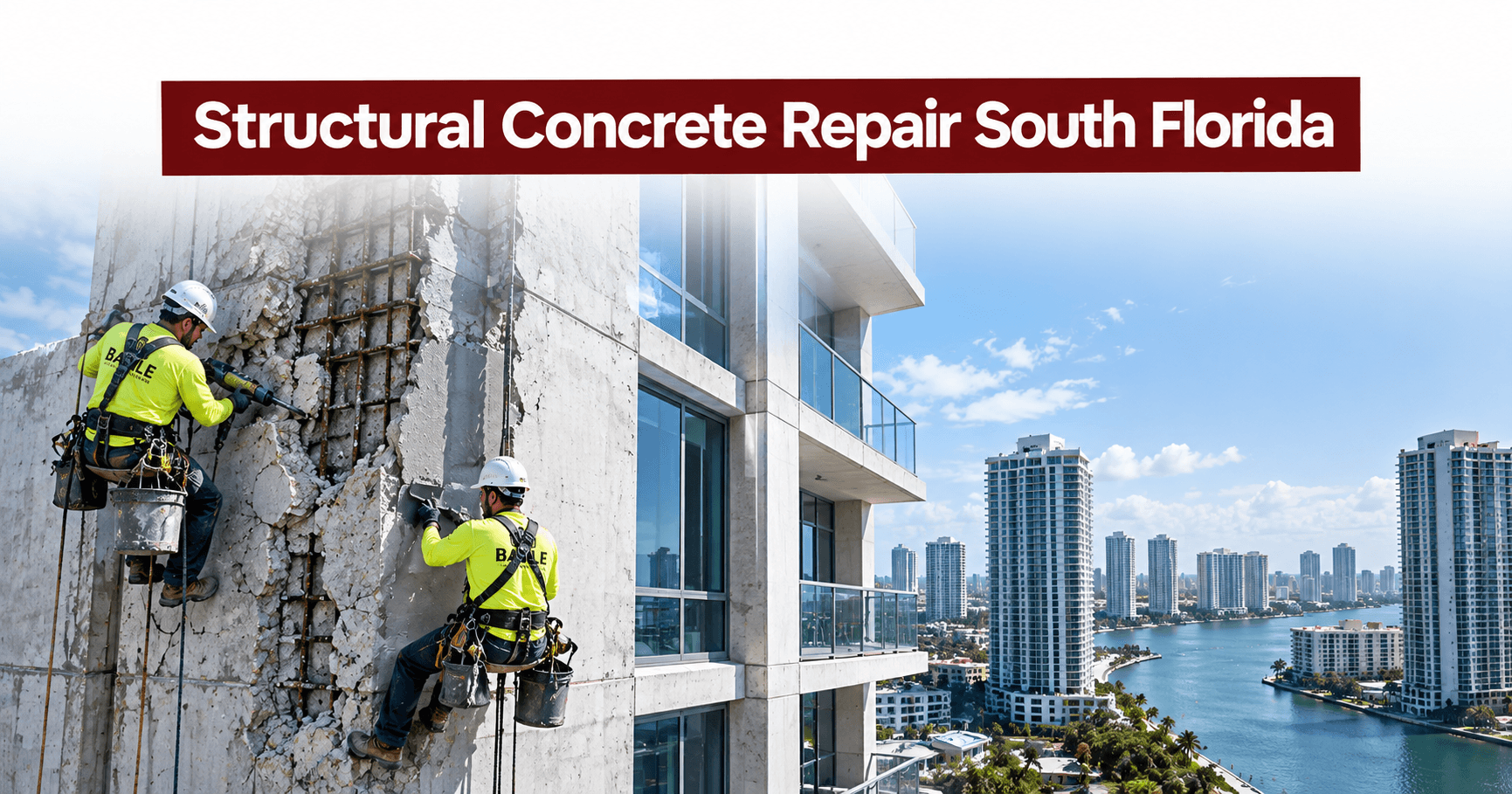 Structural concrete repair in South Florida showing contractors repairing damaged concrete and exposed rebar on a high-rise building.