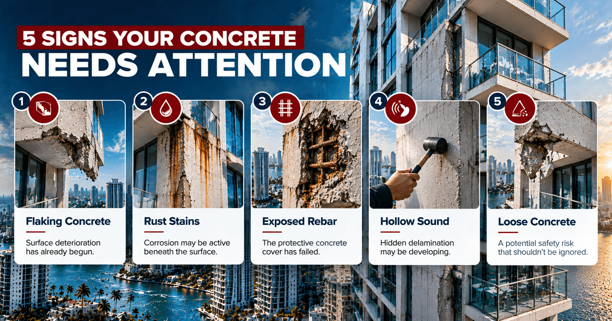Five signs of concrete deterioration including flaking concrete, rust stains, exposed rebar, hollow sounds, and loose concrete on a building