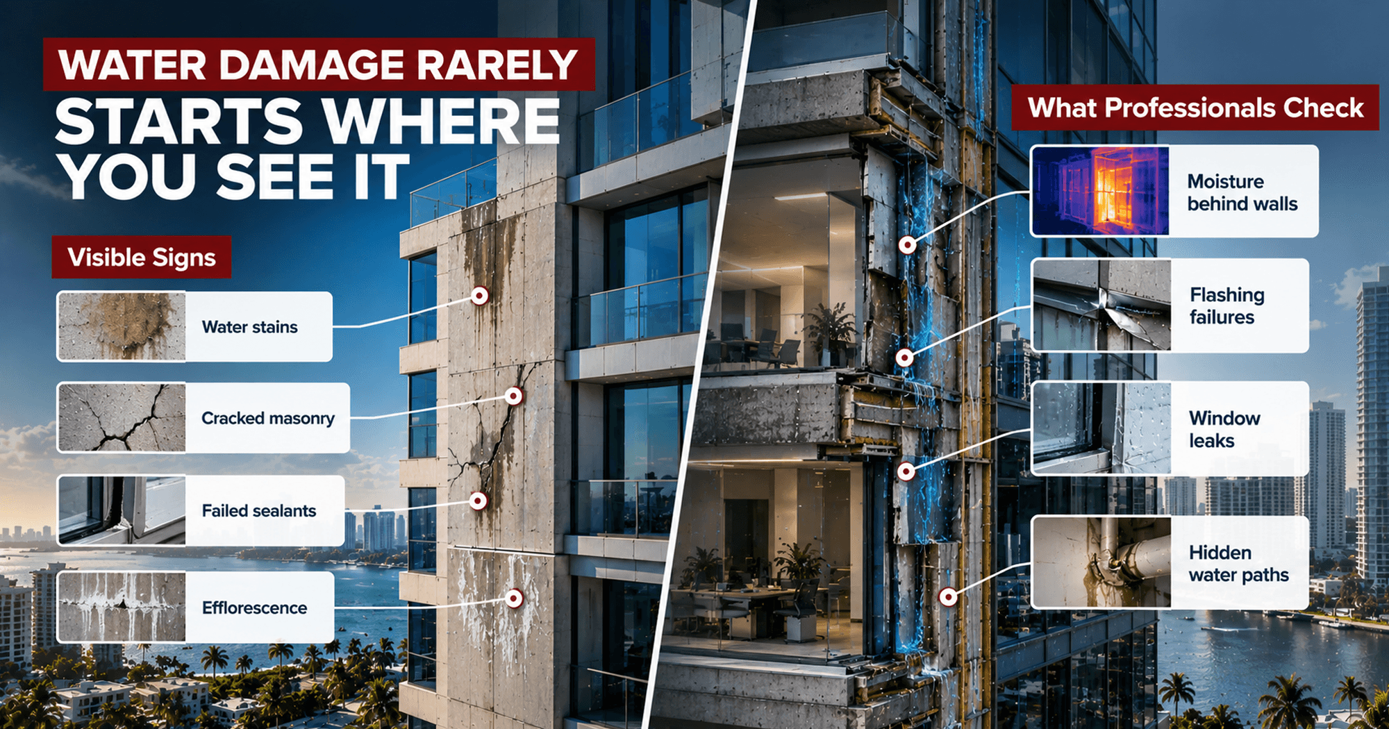 Commercial building water damage inspection showing water stains, cracked masonry, failed sealants, efflorescence, hidden moisture, flashing failures, window leaks, and concealed water paths