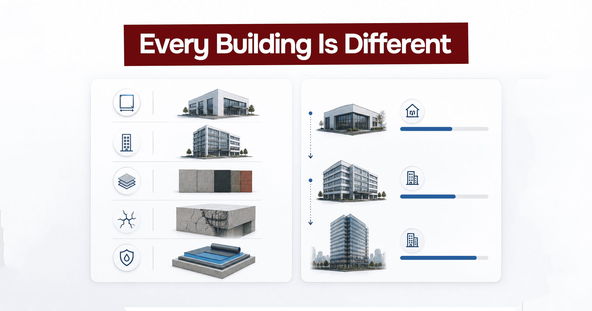 Commercial building waterproofing solutions tailored to different building sizes, materials, conditions, and structures