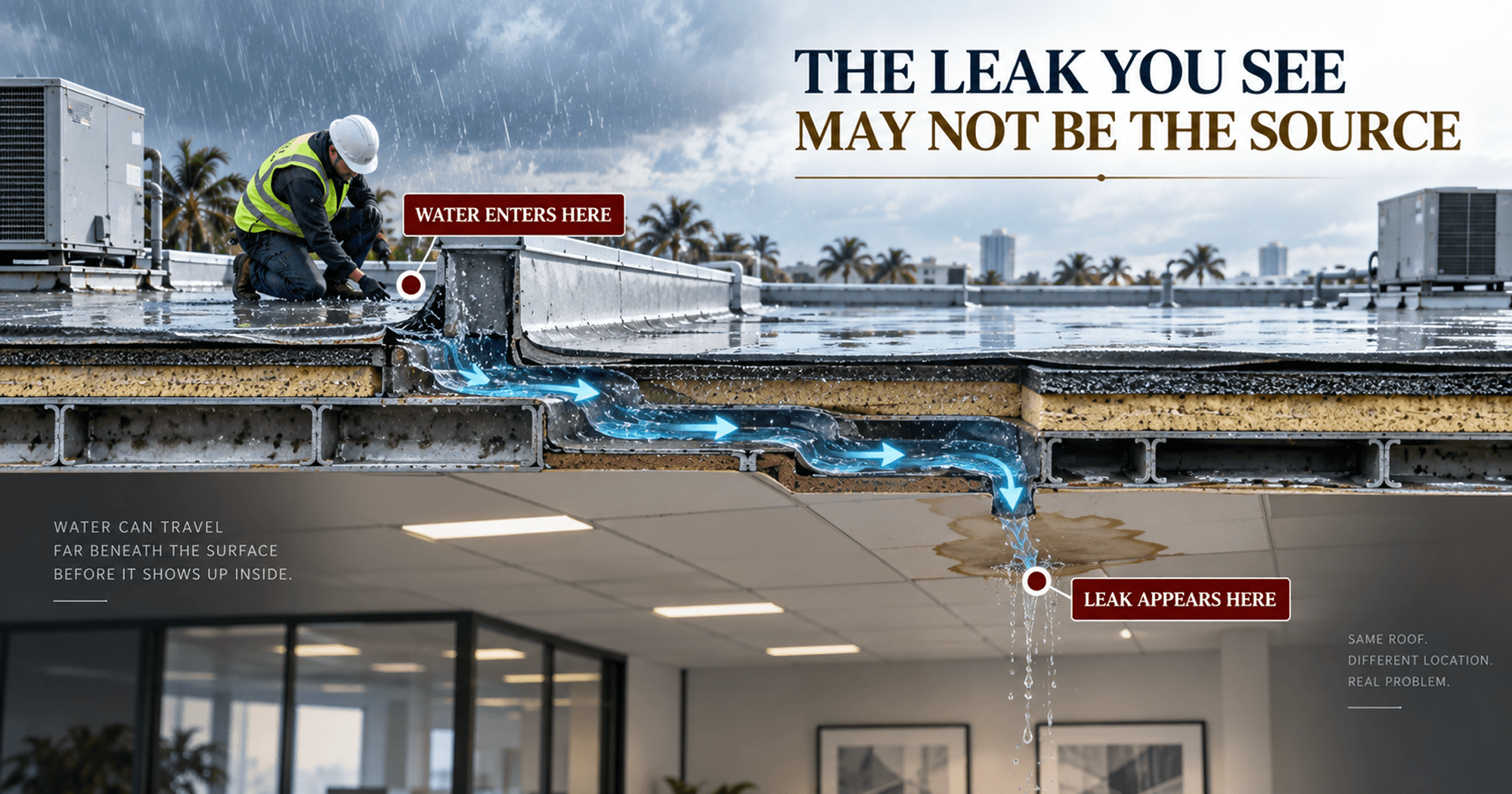 Commercial roof leak inspection showing water entering at one location and traveling beneath the roof surface before appearing as an interior ceiling leak